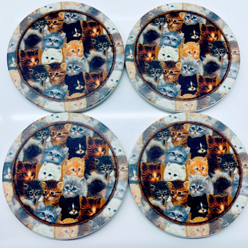 Cat coasters with holder.